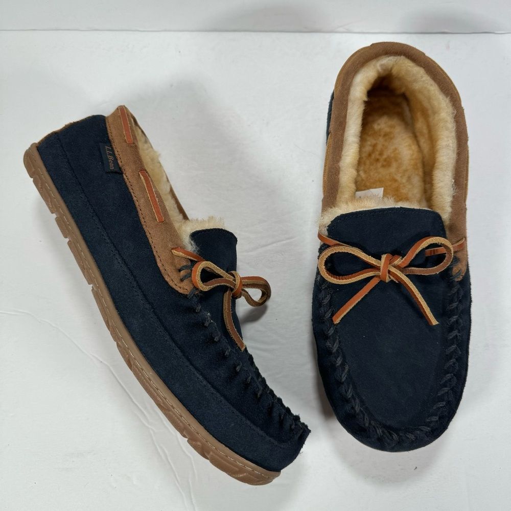 L.L. Bean Wicked Good Navy Blue Suede Moccasin Slippers Men Size 8
